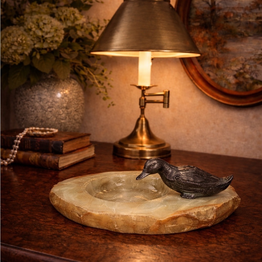 Vintage Bronze Duck Onyx Marble Ashtray Trinket Dish Desk Accessory